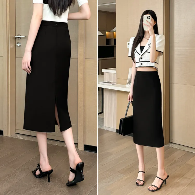 西装半身裙女秋冬高腰直筒职业正装面试气质中长款黑色包臀一步裙