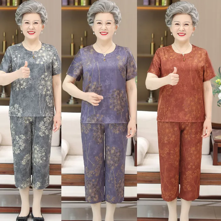 中老年人女夏季奶奶短袖T恤套装妈妈薄款两件套老人休闲洋气衣服