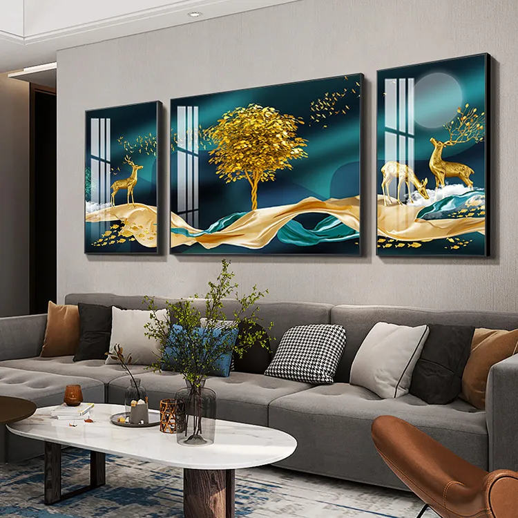 【金鹿送福】客厅装饰画沙发背景墙三联画挂画壁画简约现代晶瓷画