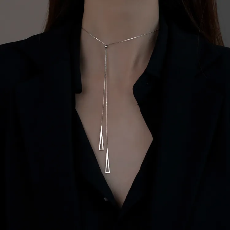 坠链均925银 925纯银几何三角项链女轻奢小众毛衣链颈链长款潮ins