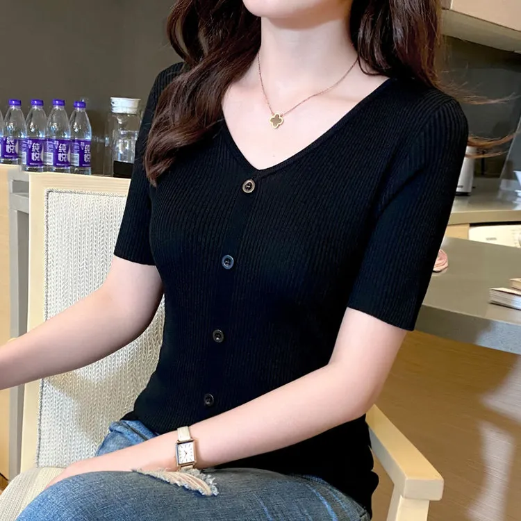 夏季女装新款V领冰丝针织衫韩版百搭时尚上衣修身显瘦女士短袖t恤