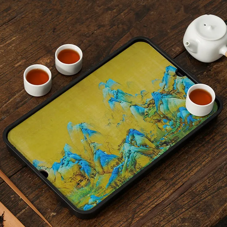 瓷泽千里江山国风密胺盘干泡台简约储排两用茶盘