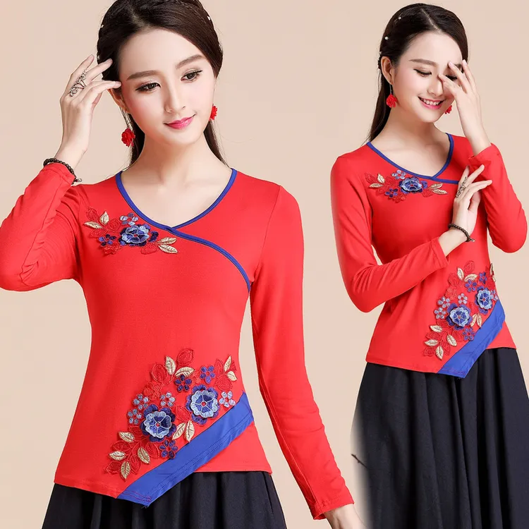 中国风撞色拼接不规则下摆T恤春秋新款文艺绣花民族风长袖打底衫