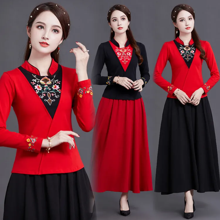 复古民族风女装套装秋冬新款中国风刺绣拼接上衣文艺中长裙两件套