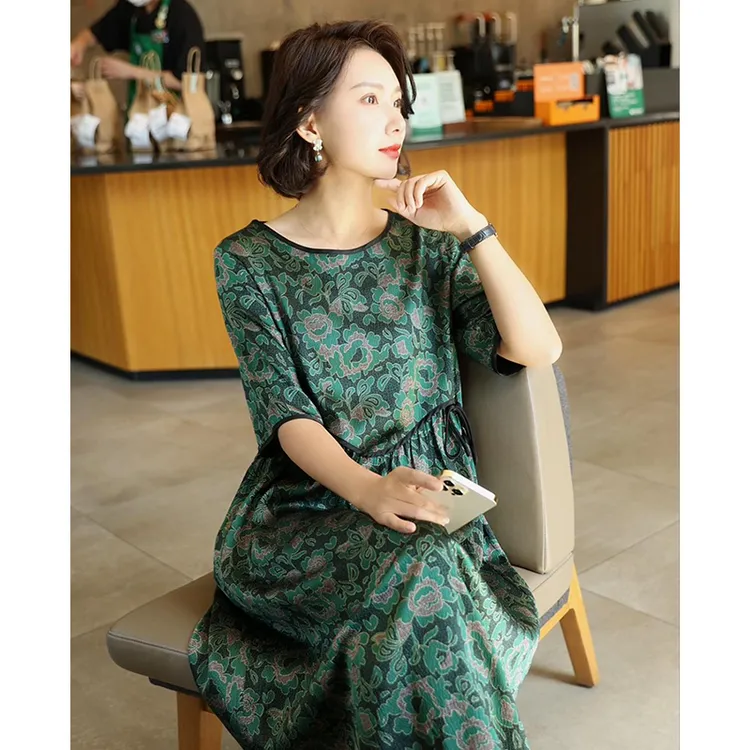 【绿意盎然】真丝桑蚕丝连衣裙气质妈妈2024新款夏季绿色文艺复古