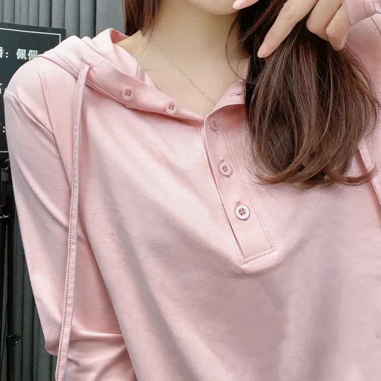 高兴家 长袖连帽上衣女士奥黛儿宽松显瘦连帽纯色T恤衫抽绳连帽衫