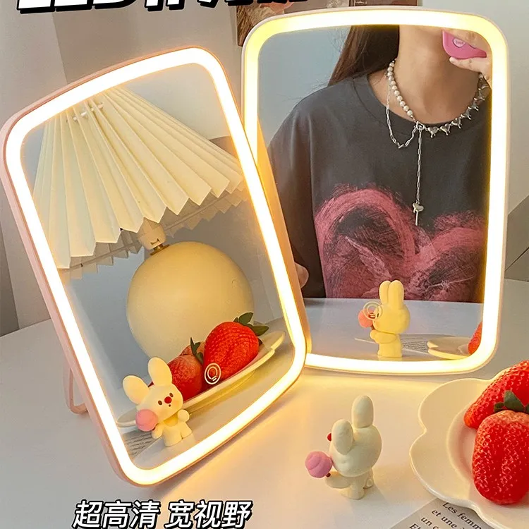 镜子化妆镜led带灯梳妆镜办公室台式桌面学生宿舍女便携ins小镜子
