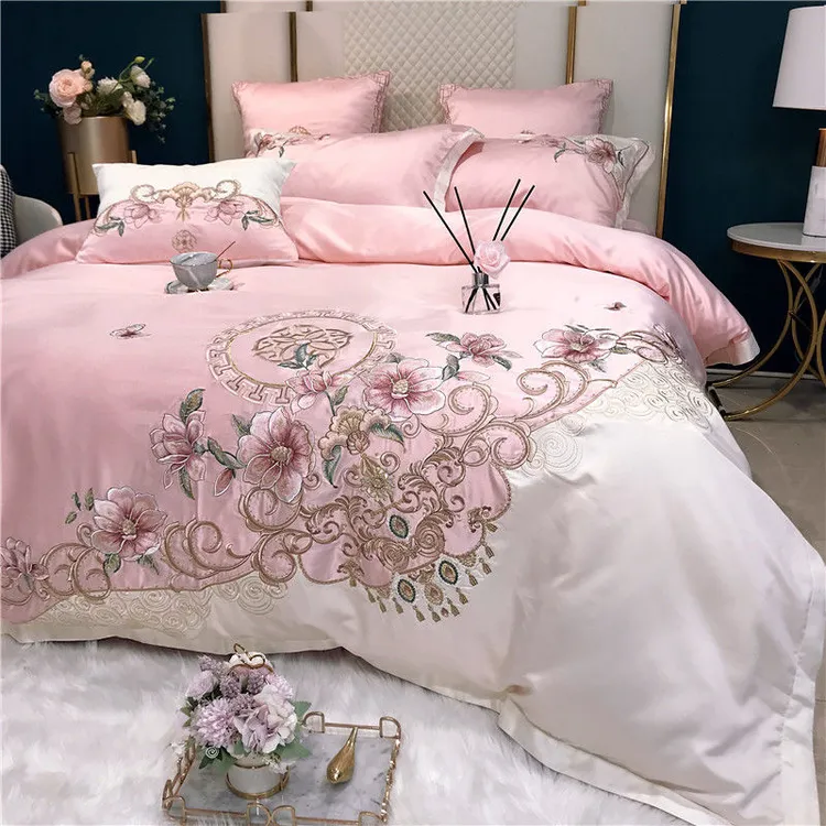 公主风粉色冰丝刺绣被套床单四件套被单花卉绣花被罩婚庆高档加厚