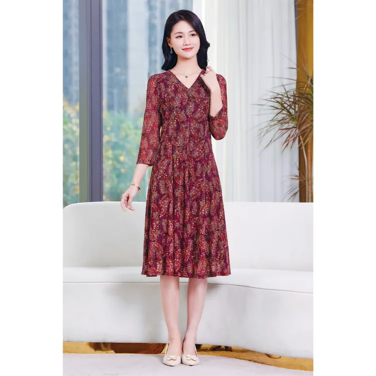 【久雅】22122-台湾纱透气连衣裙2023款时尚洋气显瘦气质印花长裙