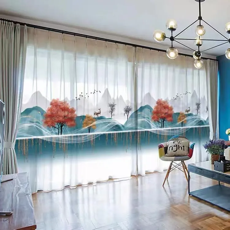新中式透光人纱帘风景花鸟水墨山水画适合阳台窗纱纱帘透光不透人