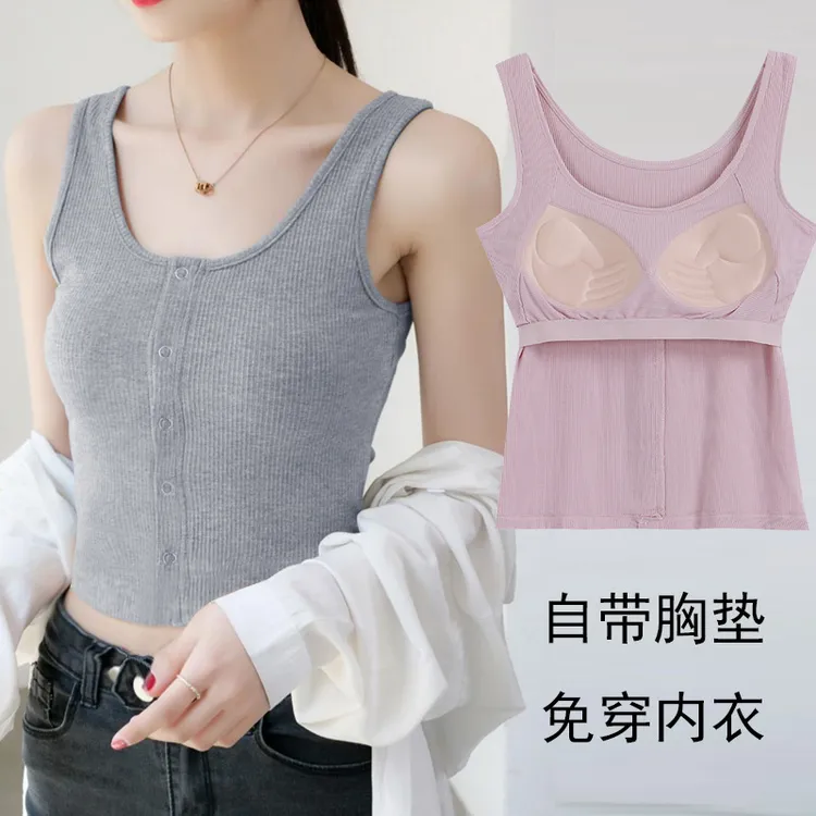 罗纹自带胸垫一体式大码短款纽扣装饰罩杯瑜伽运动外穿小背心女夏
