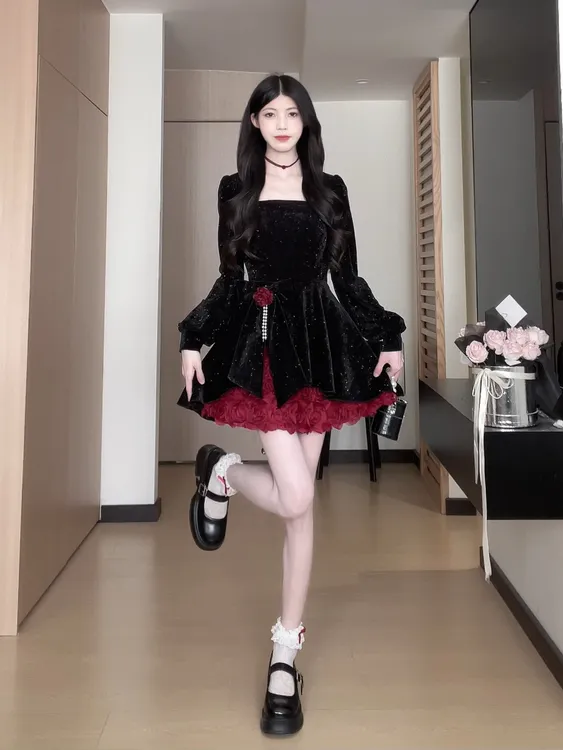 清仓23-24玫瑰丝绒战袍细闪裙连衣裙秋冬显瘦长袖B244Q2481