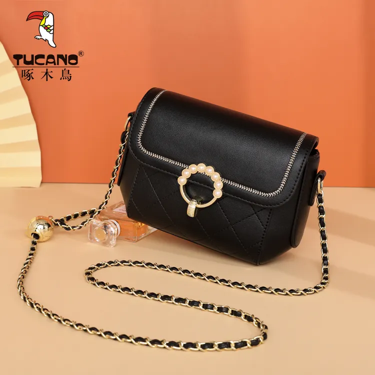 【现货】啄木鸟真皮包包女款爆款2025新款金球小香风菱格包斜挎女包