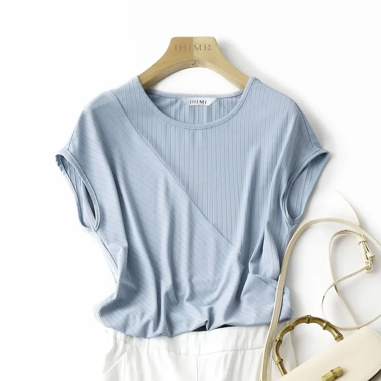 IHIMI/海谧2025夏新款女装简约休闲拼接冰丝白色短袖小众上衣T恤