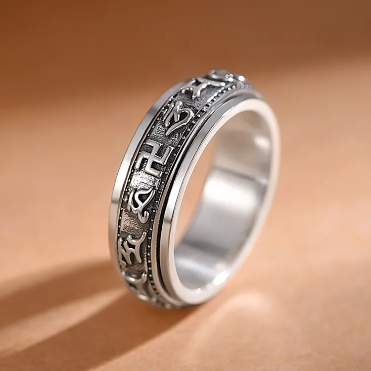 罗泰老银匠 足银戒指 99纯银貔貅戒指男女士款潮可转动真言食指戒