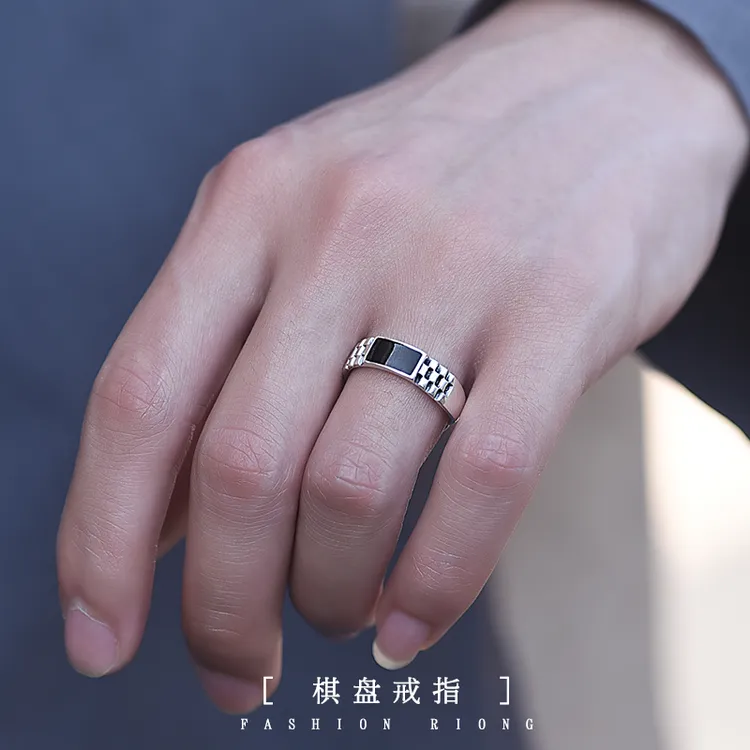 罗泰老银匠 925银戒指 时尚棋格戒指男女士款日韩男生食指戒饰品