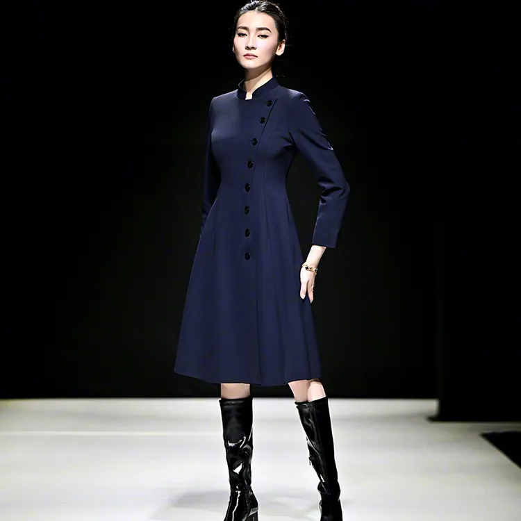 2025秋通勤简约不规则立领修身显瘦中长款长袖A字摆风衣外套女装