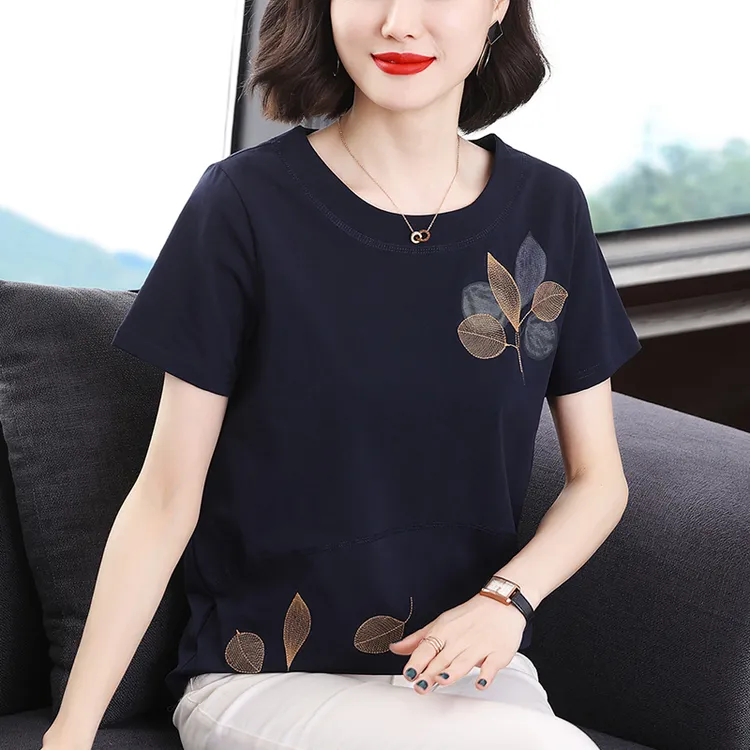 妈妈款纯棉短袖t恤女夏装中年宽松圆领休闲百搭上衣遮肚洋气小衫