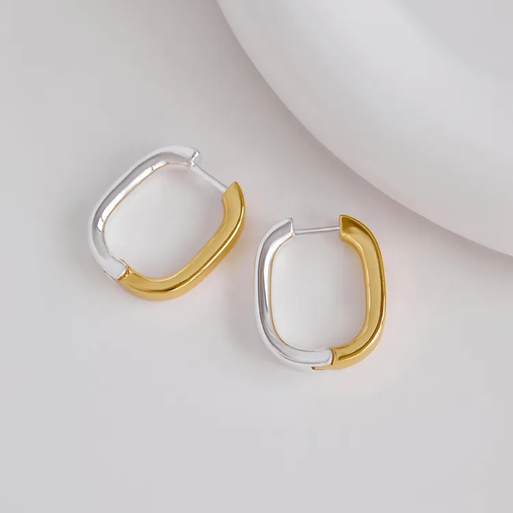 铜合金耳饰 欧美简约金银双色拼接椭圆长方形耳环通勤耳扣女 1212
