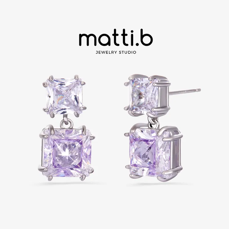 铜合金合成锆石耳饰 气质方糖锆石紫色吊坠耳坠设计高级感耳钉女 