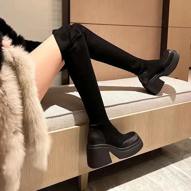 厚底黑色弹力过膝高跟长靴女2025年秋冬不掉筒辣妹显瘦高筒袜靴