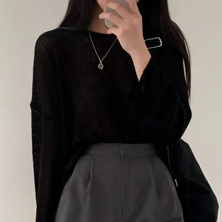 长袖针织衫毛衣上衣显瘦春秋时尚百搭外穿黑色秋冬设计感