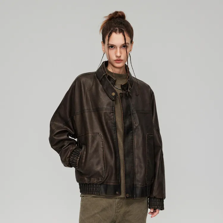 GTRG复古怀旧PU皮立领搭扣休闲外套立体双口袋设计感宽松百搭皮衣