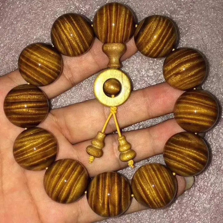 四川天然金丝楠木满水波纹手串念珠男女盘完佛珠收藏级高档文玩