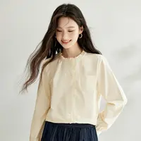 【欧若风新品】茵曼秋季纯棉法式荷叶边圆领衬衫百搭舒适长袖衬衣女
