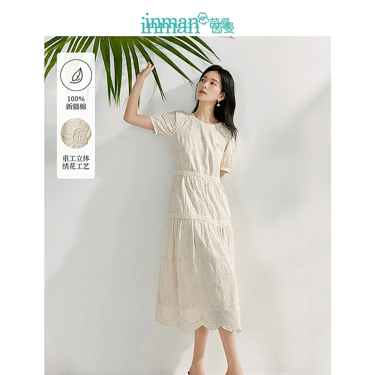 【618返场购】茵曼夏季法式重工雕孔绣花连衣裙夏女圆领短袖宽松长
