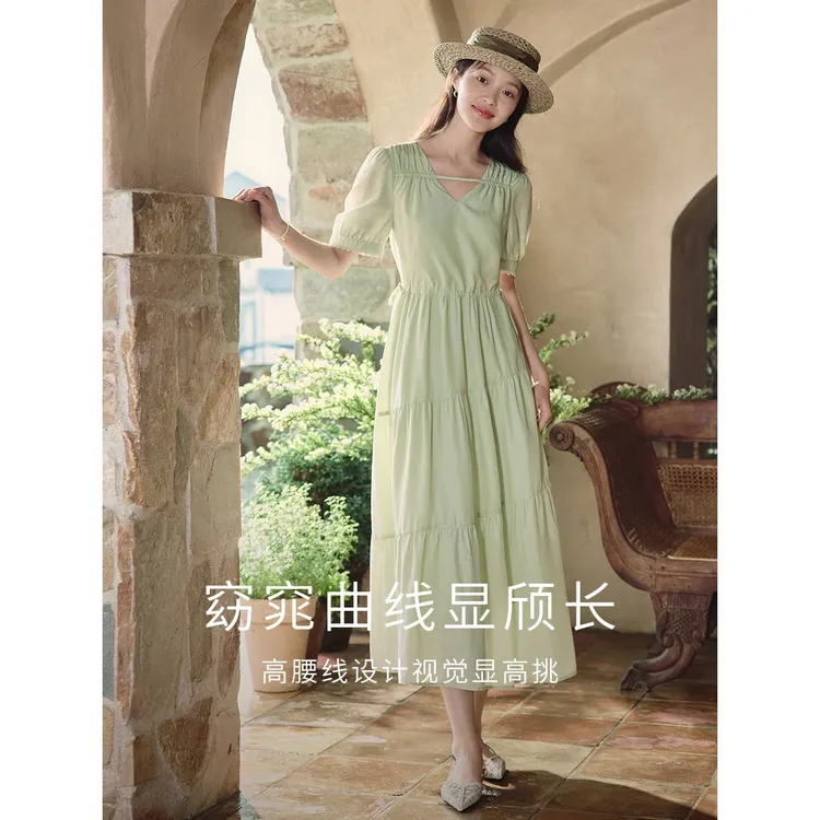 【李一桐视频同款】茵曼夏季女连衣裙短袖新款休闲收腰时尚V领法式