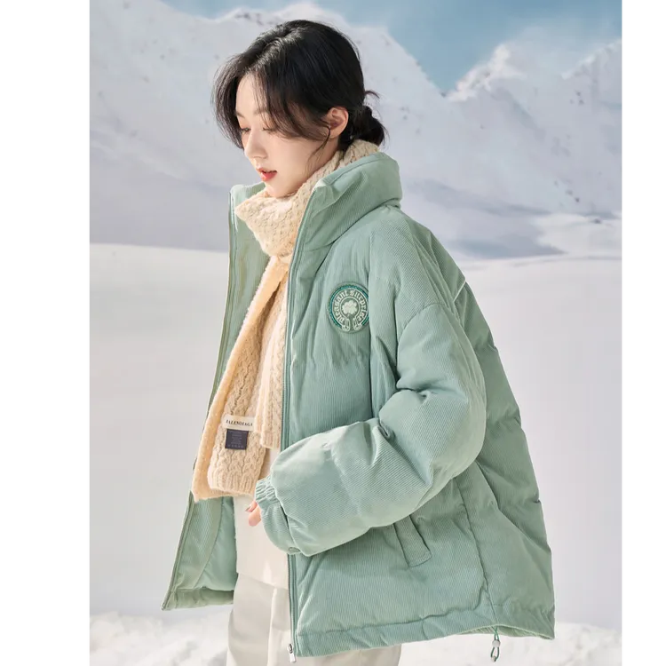 【冬日青调】茵曼25冬季休闲立领落肩前胸绣花橡筋收口宽松鸭绒羽绒