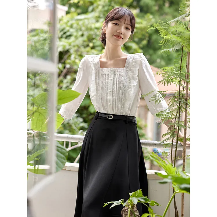 茵曼法式通勤衬衣秋女装新款花边方领荷叶边七分袖泡泡袖上衣
