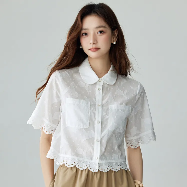 茵曼纯棉法式气质提花短袖衬衣女2024夏季时尚镂空百搭高级感衬衫