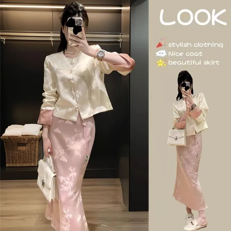 新款大码胖新中式国风套装女高级感唐装盘扣上衣+半