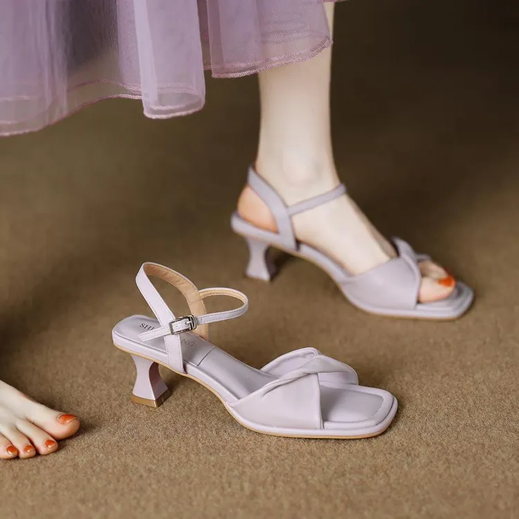 2025夏季新款时尚仙女风配裙子小跟细跟夏天绝美紫色凉鞋女款外穿