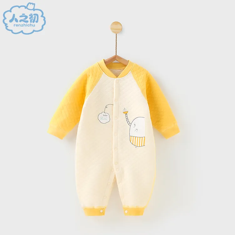 秋冬婴儿夹棉连体衣新生儿纯棉厚初生宝宝爬服三层保暖无骨哈衣