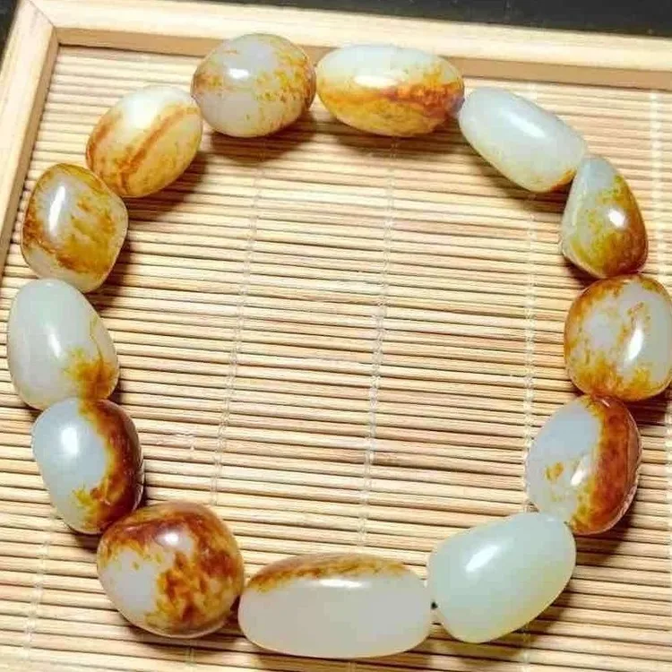 新疆和田玉白玉红皮随形手串男款单圈白玉黄沁皮玉手链多样性发货