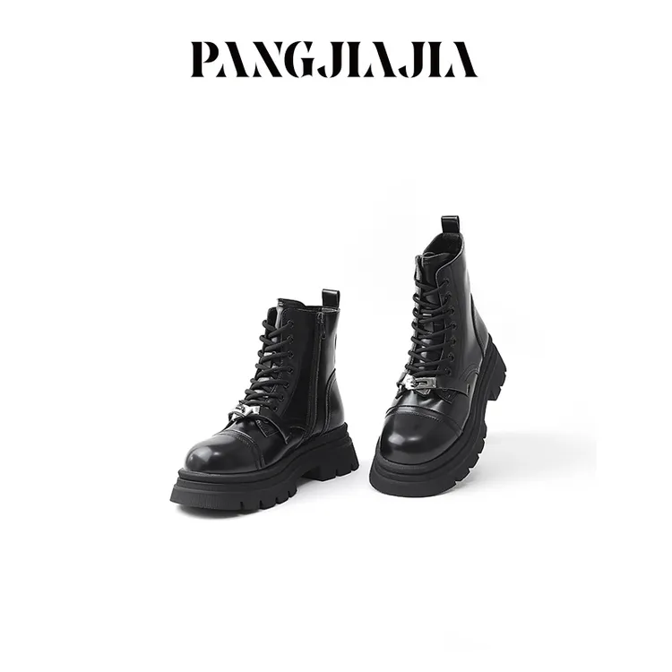 【胖佳佳】现货~高帮厚底马丁靴秋冬时尚百搭加绒中筒靴H624P17775