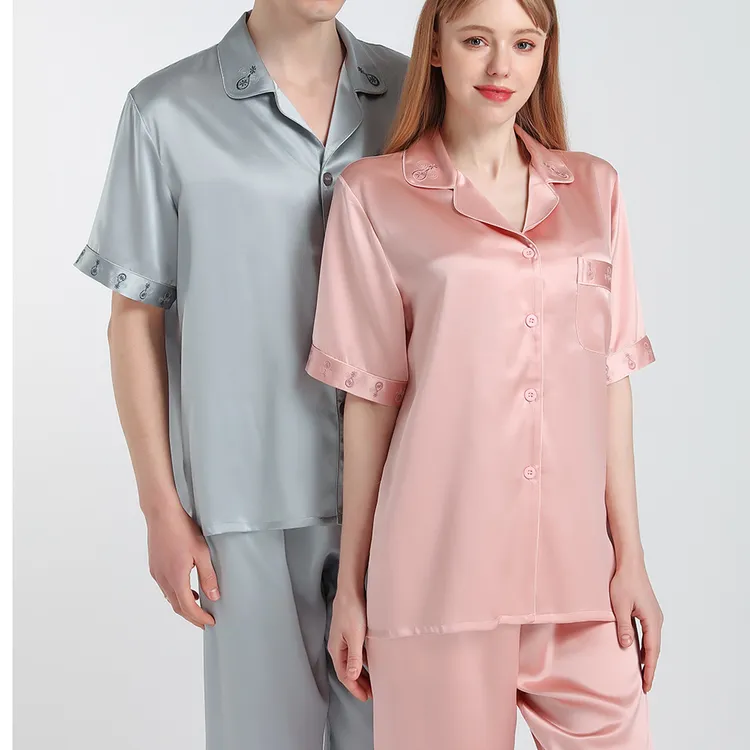 国潮刺绣款真丝睡衣套装男女结婚用品轻奢感100桑蚕丝情侣家居服