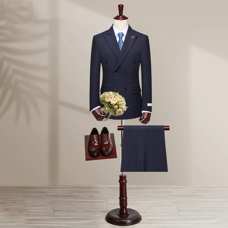婚礼西装男士套装条纹双排扣结婚新郎轻奢商务正装修身职业西服男