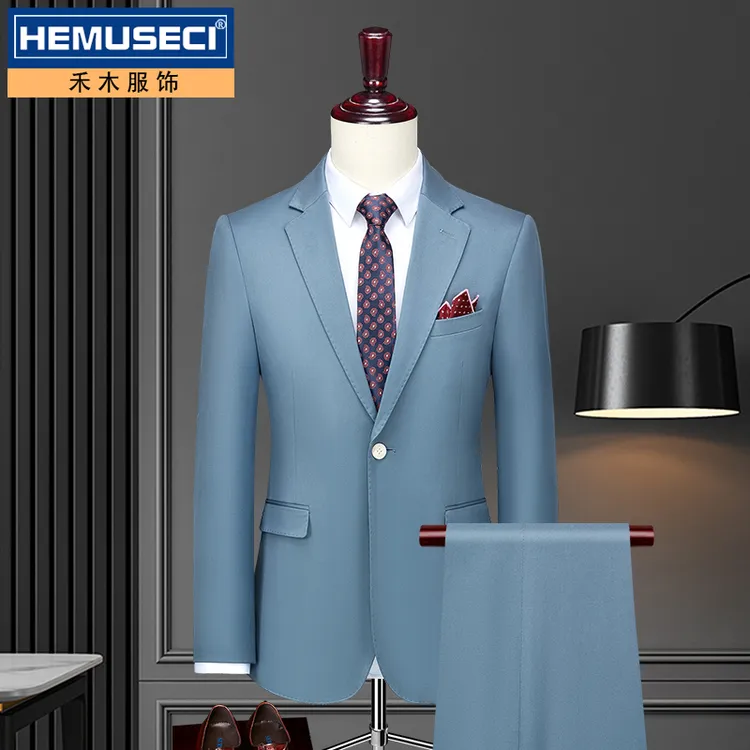 雾霾蓝色小西装平驳领单开衩一粒扣韩版男士休闲修身商务西服套装