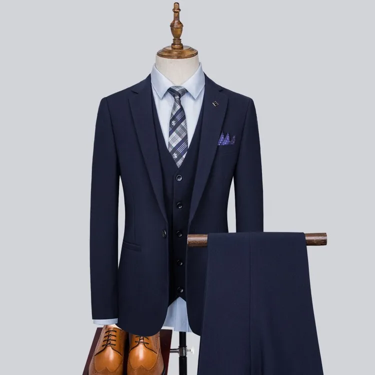 高端藏蓝色西服套装男士韩版西装三件套上班职业正装新郎结婚礼服
