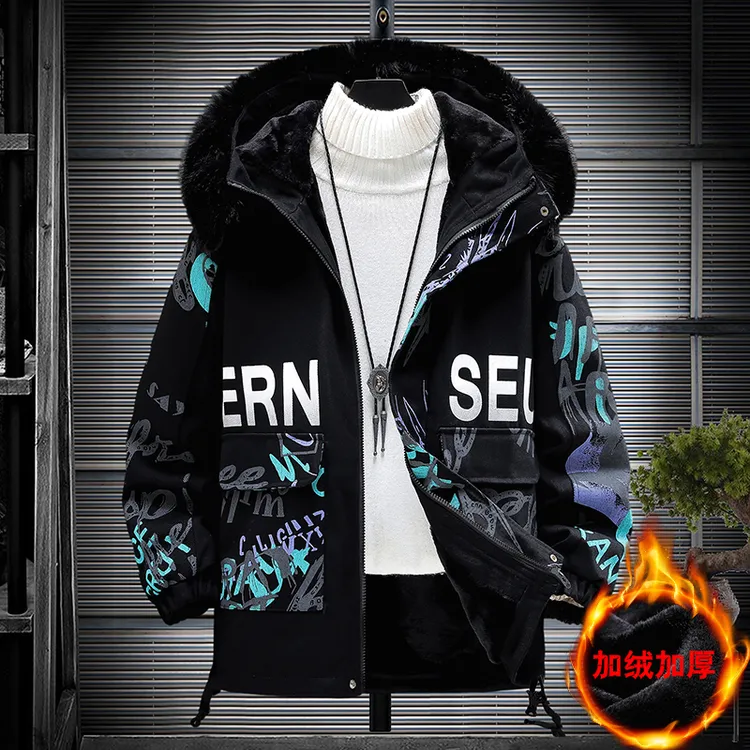 冬季新款加绒加厚中长款男士外套青少年大毛领保暖连帽夹克派克服