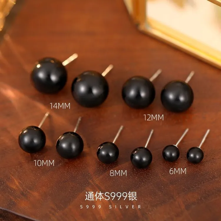 S999银潮酷黑玛瑙银耳钉女款简约气质通勤百搭小众高品质耳环耳饰