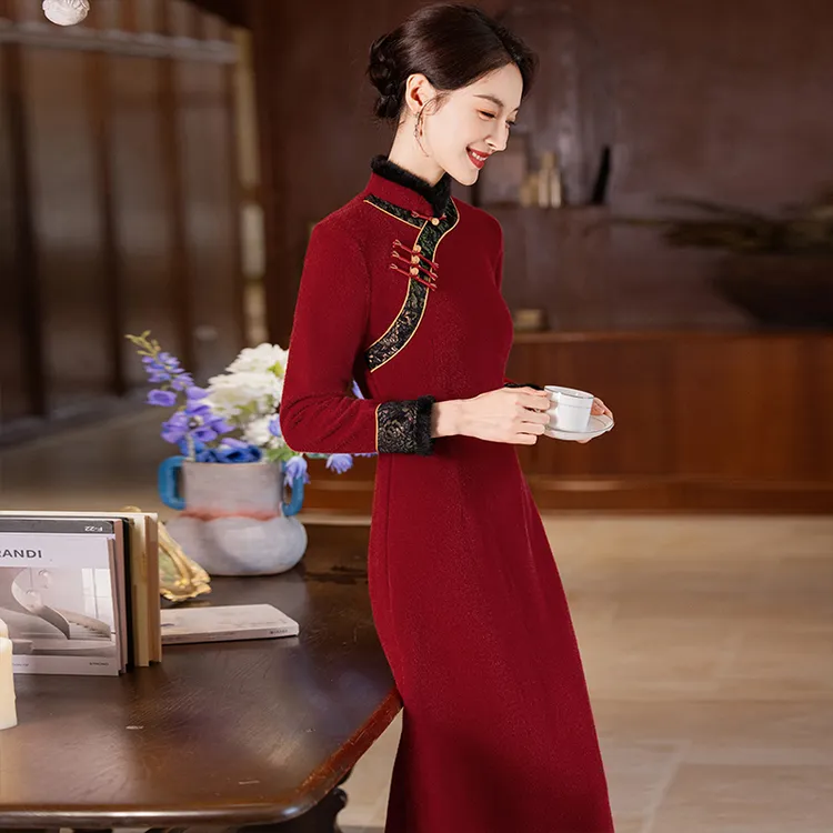 连衣裙秋冬新款改良版旗袍女加绒加厚长袖红色妈妈礼服婚宴装气质