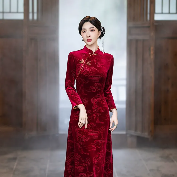 红色长旗袍日常可穿弹力丝绒春秋女装妈妈婚宴会敬酒服胖mm特大码