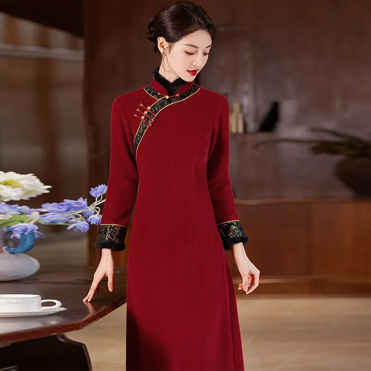 中老年女装旗袍秋冬长袖中长款加厚连衣裙妈妈婚宴装红色改良