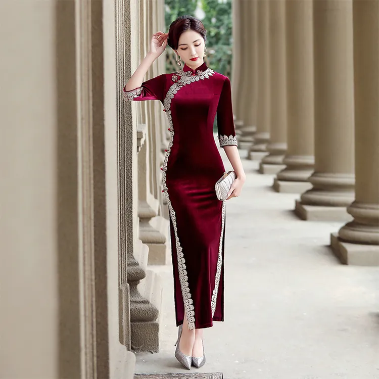 旗袍改良版喜婆婆婚宴装气质秋冬婚礼妈妈礼服年轻金丝绒长款复古