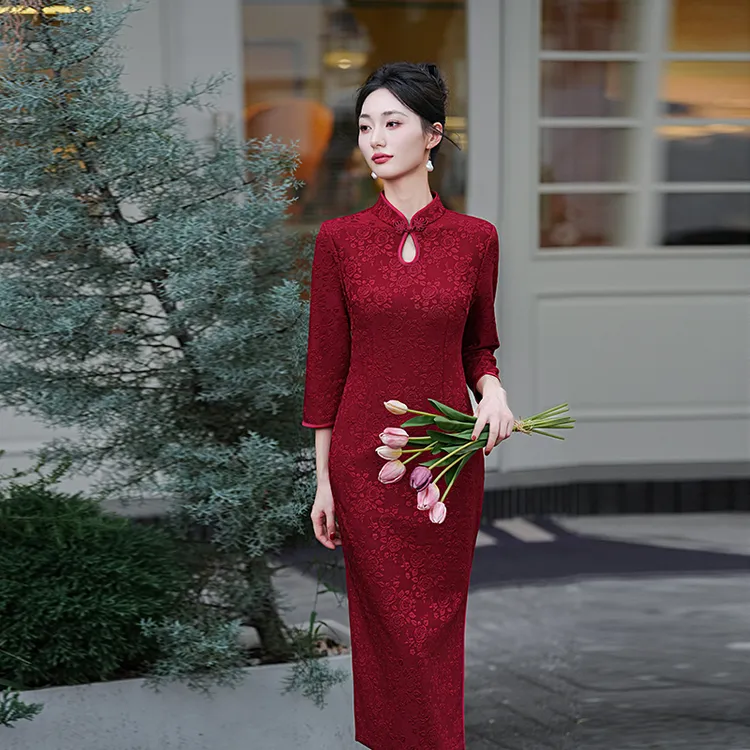高贵旗袍女秋冬水滴领改良妈妈长袖年轻款喜婆婆婚宴装复古中国风
